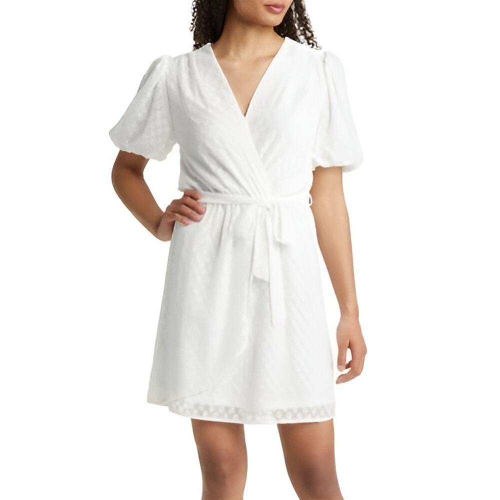 Fraiche by J Dress Swiss Dot Puff Short Sleeve Faux Wrap Mini White Small